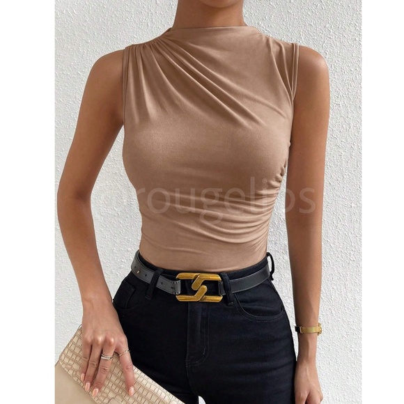 Ruched Khaki Asymmetrical Sleeveless Shirt Top Stretchy - Picture 6 of 8